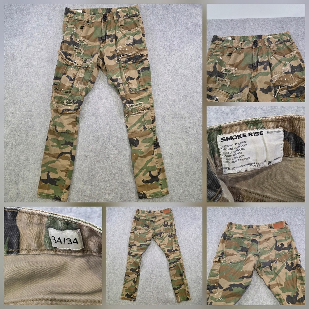 Smoke‎ Rise Pants Mens 34x34 Green Camo Cargo Distressed Stretch Denim Jeans